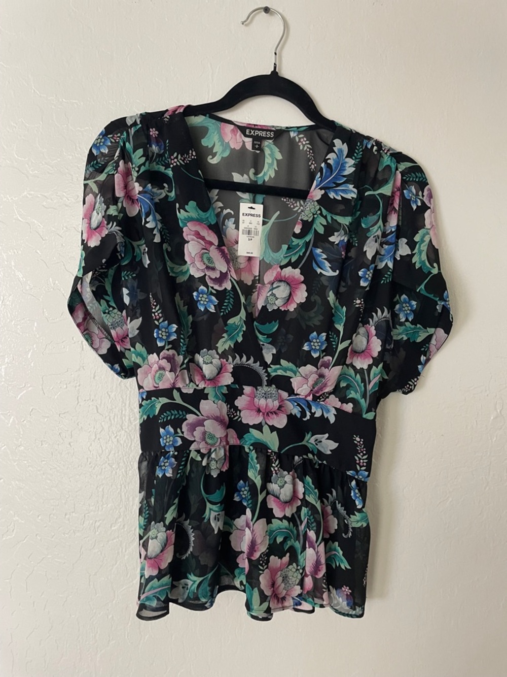Express Black Floral V-Neck Puff Sleeve Blouse with Pink & Teal Accents
